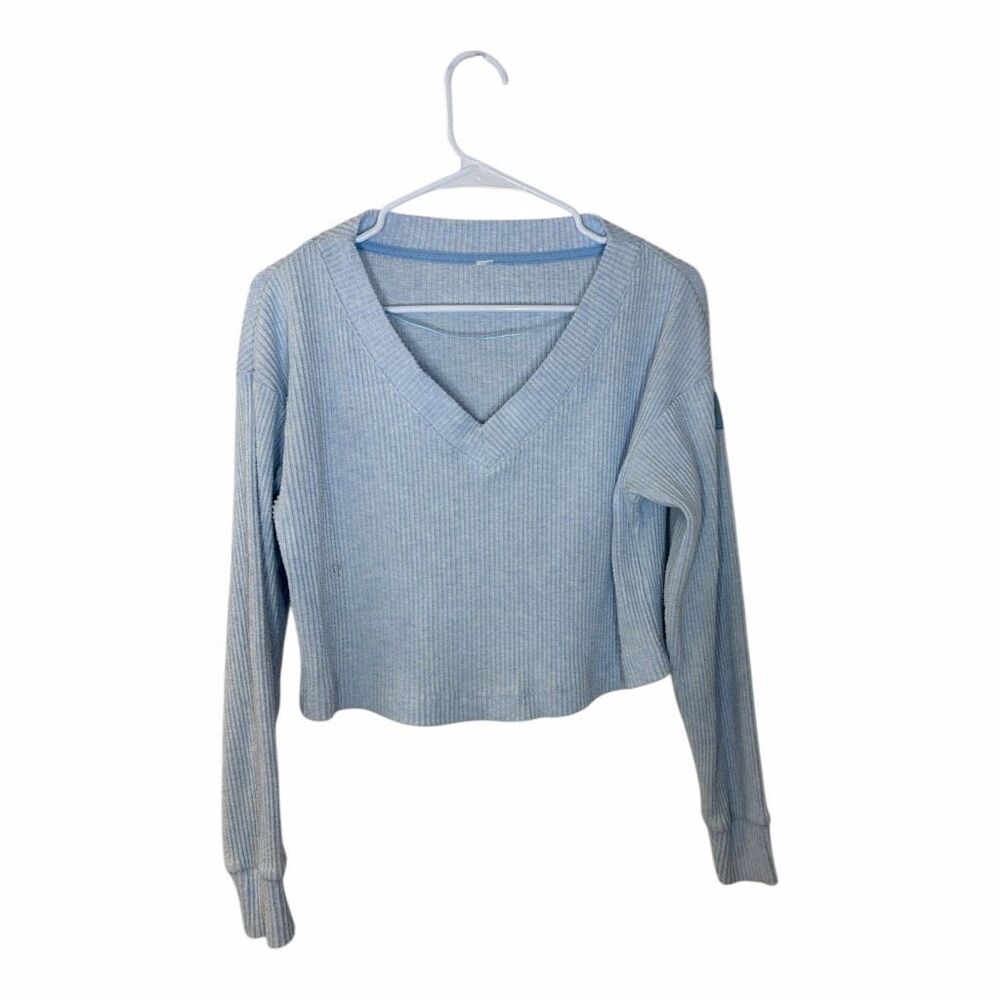 ALO Yoga Light Blue Ribbed V-Neck Sweater